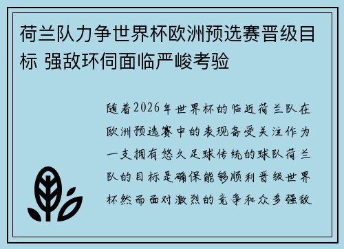 荷兰队力争世界杯欧洲预选赛晋级目标 强敌环伺面临严峻考验